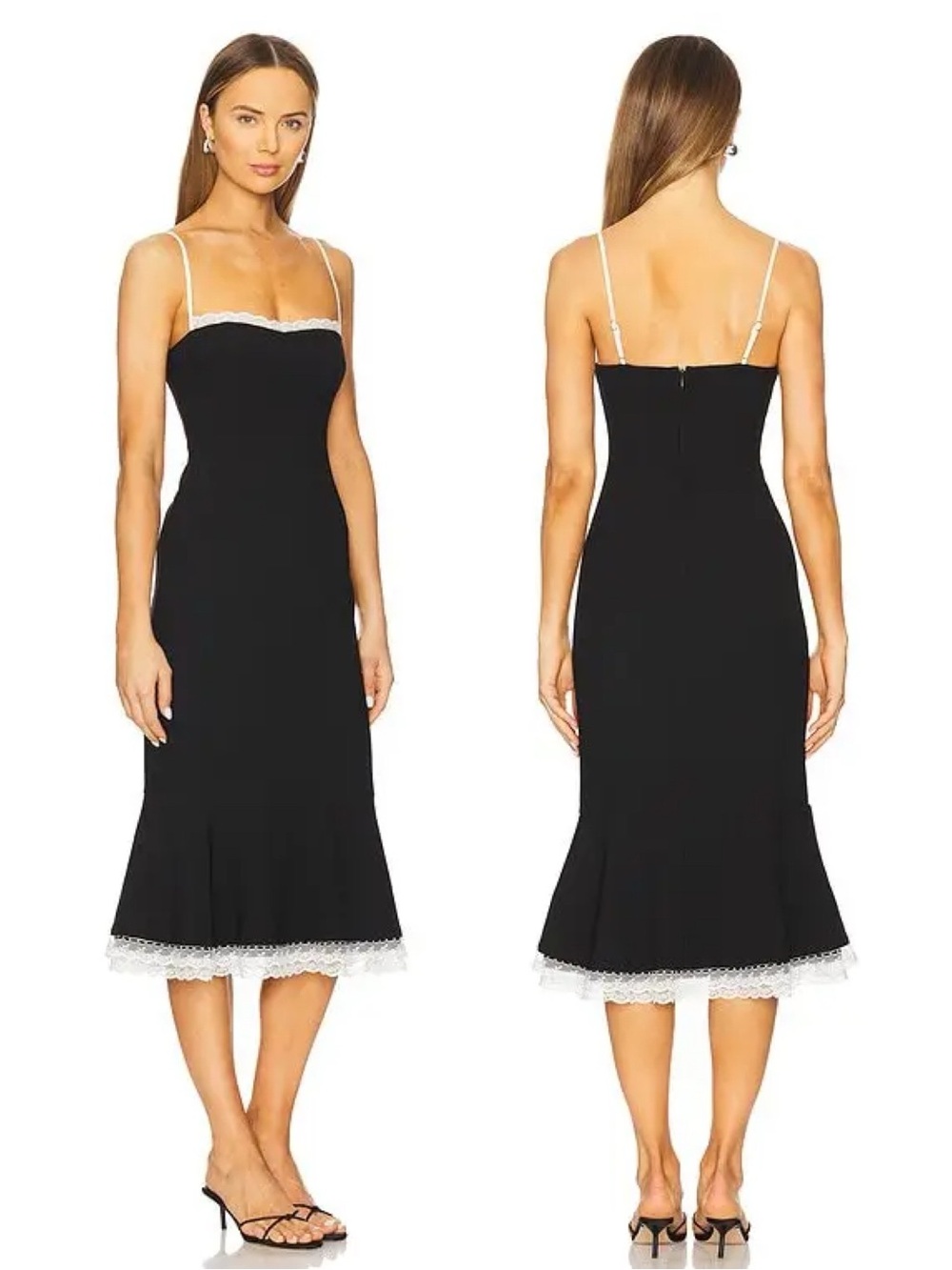 LPA | Nina Black Midi Dress White Lace Trim Medium